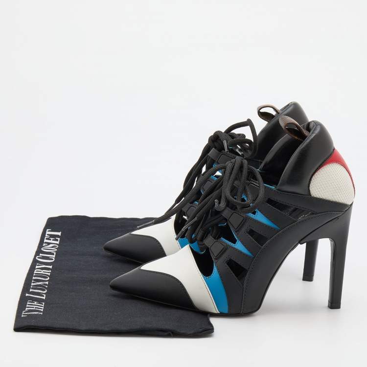 Pre Owned Louis Vuitton Multicolor Leather and Mesh Lace Up Booties Size 37.5