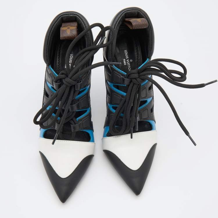 Pre Owned Louis Vuitton Multicolor Leather and Mesh Lace Up Booties Size 37.5