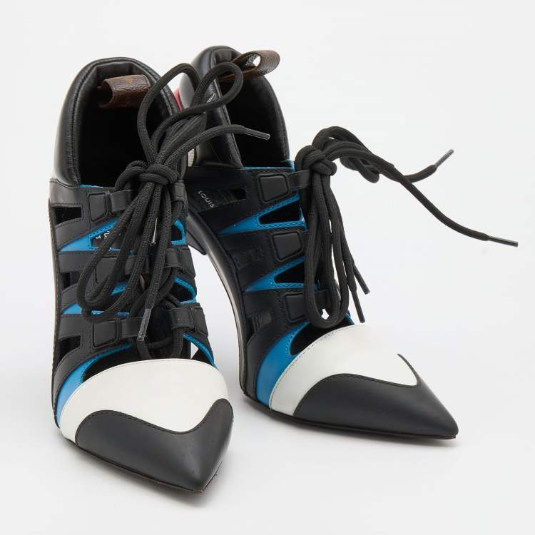 Pre Owned Louis Vuitton Multicolor Leather and Mesh Lace Up Booties Size 37.5