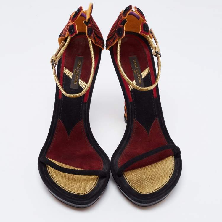 Pre Owned Louis Vuitton Multicolor Satin and Suede Platform Ankle Strap Sandals Size 39