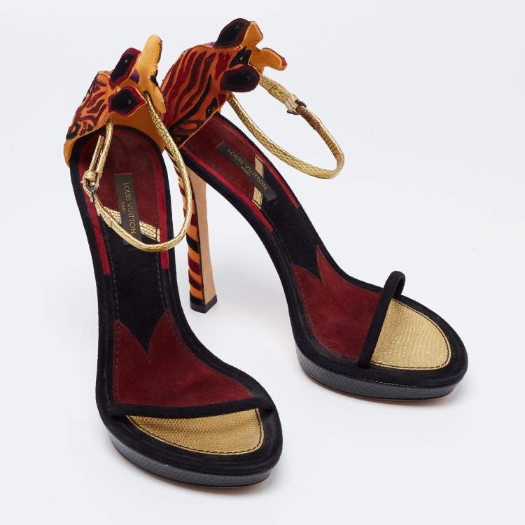 Pre Owned Louis Vuitton Multicolor Satin and Suede Platform Ankle Strap Sandals Size 39