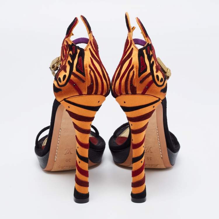 Pre Owned Louis Vuitton Multicolor Satin and Suede Platform Ankle Strap Sandals Size 39