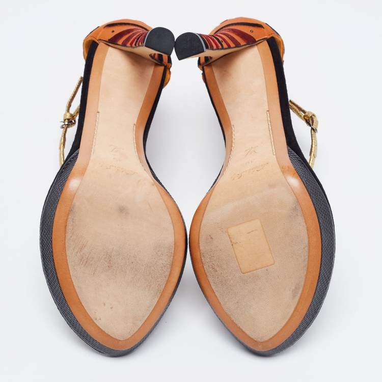 Pre Owned Louis Vuitton Multicolor Satin and Suede Platform Ankle Strap Sandals Size 39