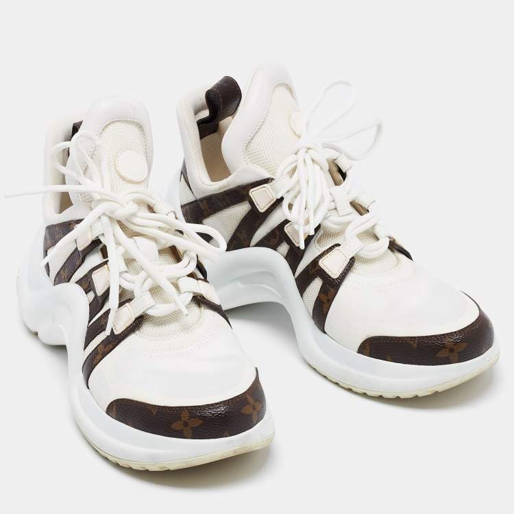 Pre Owned Louis Vuitton White/Brown Mesh, Leather and Monogram Canvas Archlight Sneakers Size 40