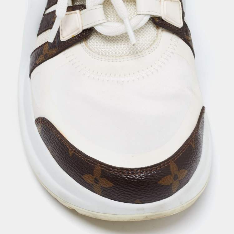 Pre Owned Louis Vuitton White/Brown Mesh, Leather and Monogram Canvas Archlight Sneakers Size 40