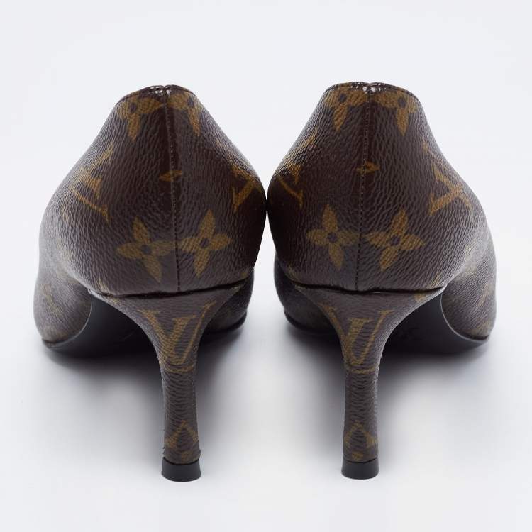 Pre Owned Louis Vuitton Brown/Black Monogram Canvas And Patent Leather Cap Toe Fetish Pointed Toe Pumps Size 36