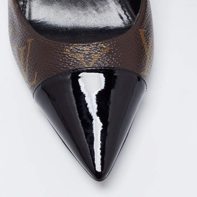 Pre Owned Louis Vuitton Brown/Black Monogram Canvas And Patent Leather Cap Toe Fetish Pointed Toe Pumps Size 36
