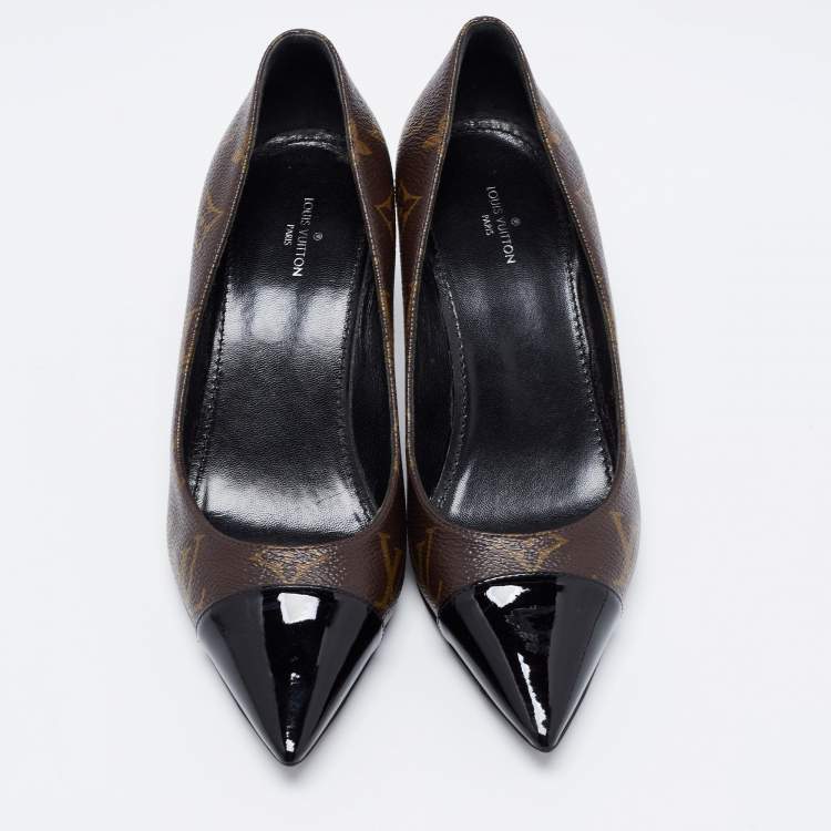 Pre Owned Louis Vuitton Brown/Black Monogram Canvas And Patent Leather Cap Toe Fetish Pointed Toe Pumps Size 36