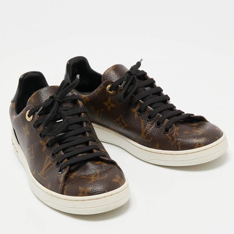 Pre Owned Louis Vuitton Brown/Black Monogram Canvas and Patent Leather Frontrow Low Top Sneakers Size 37