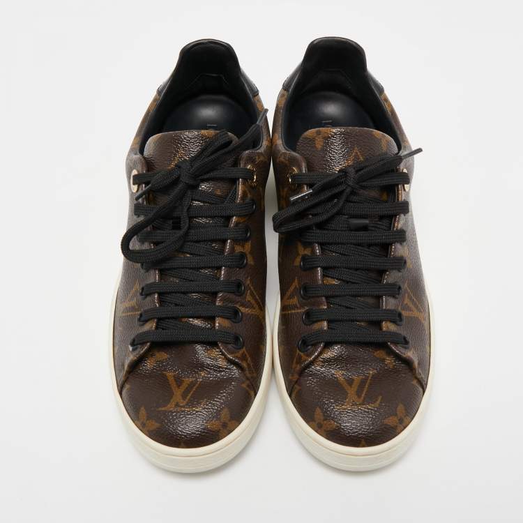 Pre Owned Louis Vuitton Brown/Black Monogram Canvas and Patent Leather Frontrow Low Top Sneakers Size 37