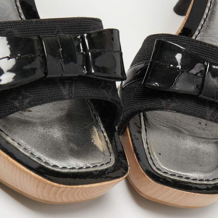 Pre Owned Louis Vuitton Black Leather and Monogram Canvas Bow Ankle Strap Sandals Size 38