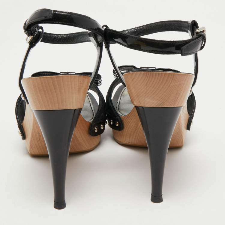 Pre Owned Louis Vuitton Black Leather and Monogram Canvas Bow Ankle Strap Sandals Size 38