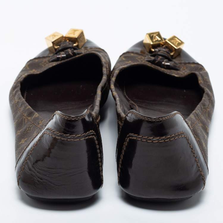 Pre Owned Louis Vuitton Brown Monogram Canvas and Leather Cap Toe Dice Ballet Flats Size 40