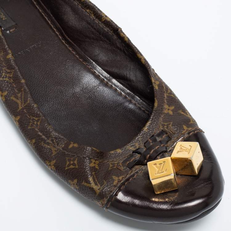 Pre Owned Louis Vuitton Brown Monogram Canvas and Leather Cap Toe Dice Ballet Flats Size 40