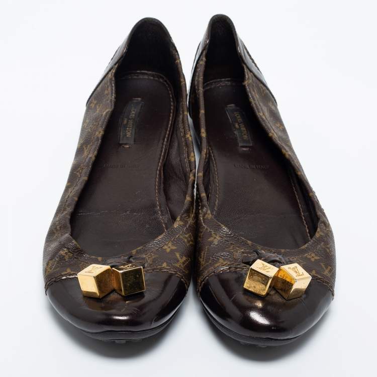 Pre Owned Louis Vuitton Brown Monogram Canvas and Leather Cap Toe Dice Ballet Flats Size 40