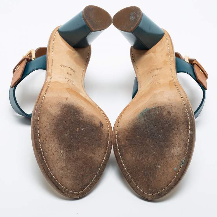 Pre Owned Louis Vuitton Blue/Brown  Leather Ankle Strap Sandals Size 39