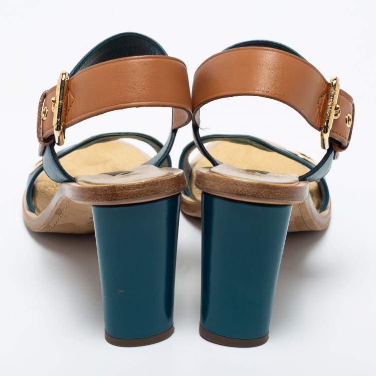 Pre Owned Louis Vuitton Blue/Brown  Leather Ankle Strap Sandals Size 39