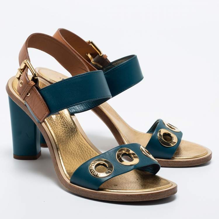 Pre Owned Louis Vuitton Blue/Brown  Leather Ankle Strap Sandals Size 39