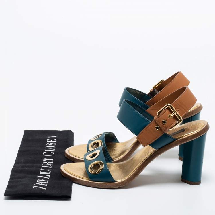 Pre Owned Louis Vuitton Blue/Brown  Leather Ankle Strap Sandals Size 39