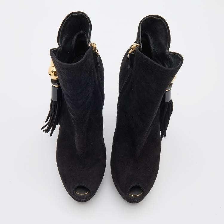Pre Owned Louis Vuitton Black Suede Tassel Peep Toe Platform Booties Size 38