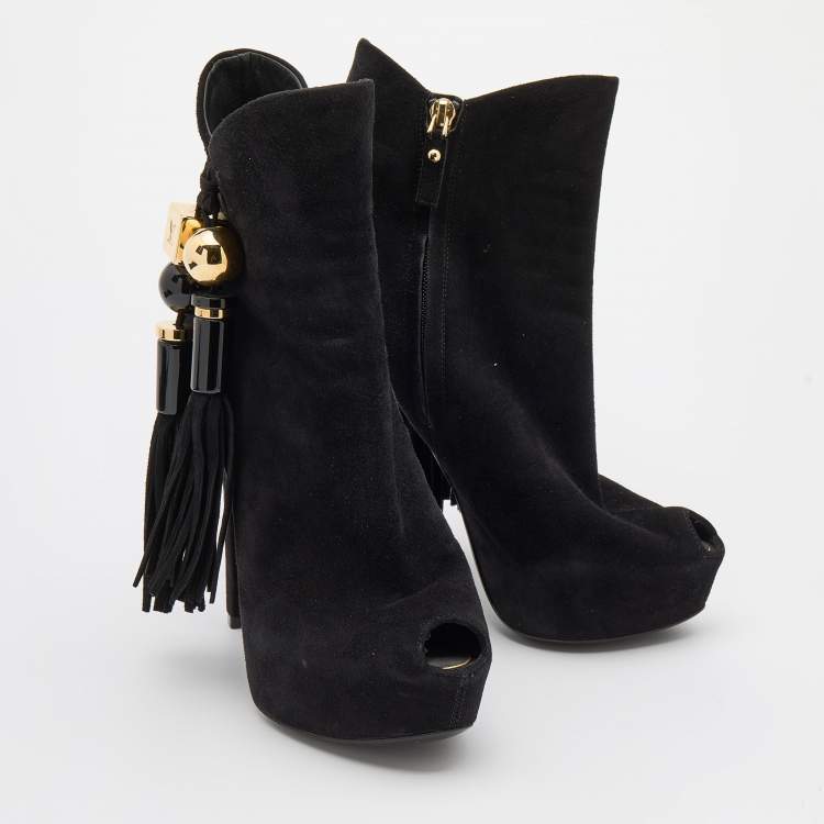 Pre Owned Louis Vuitton Black Suede Tassel Peep Toe Platform Booties Size 38