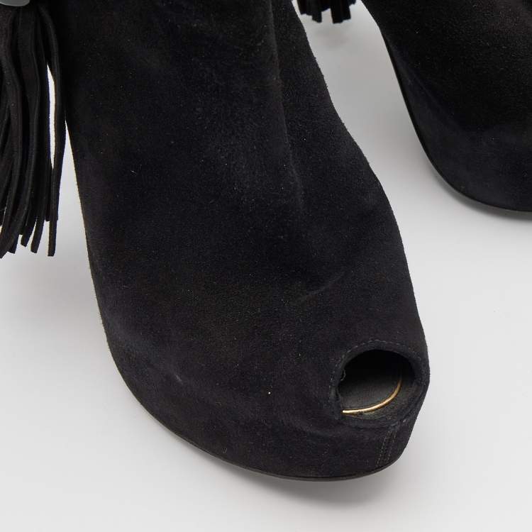 Pre Owned Louis Vuitton Black Suede Tassel Peep Toe Platform Booties Size 38