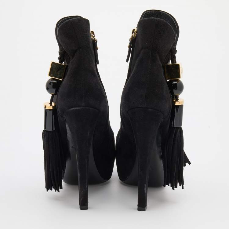 Pre Owned Louis Vuitton Black Suede Tassel Peep Toe Platform Booties Size 38