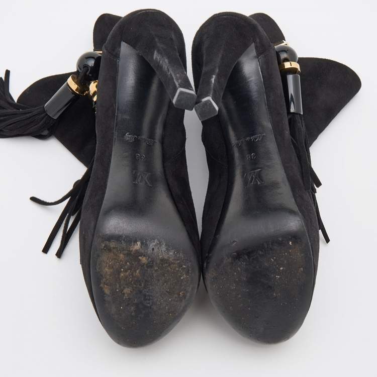 Pre Owned Louis Vuitton Black Suede Tassel Peep Toe Platform Booties Size 38