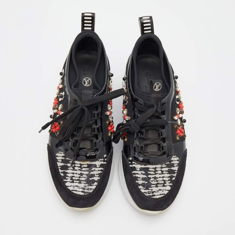 Pre Owned Louis Vuitton Black Suede and Mesh Heat Embellished Sneakers Size 38