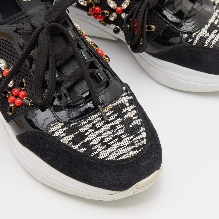 Pre Owned Louis Vuitton Black Suede and Mesh Heat Embellished Sneakers Size 38