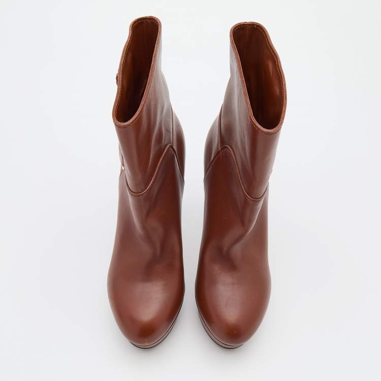 Pre Owned Louis Vuitton Brown Leather Platform Ankle Length Boots Size 38