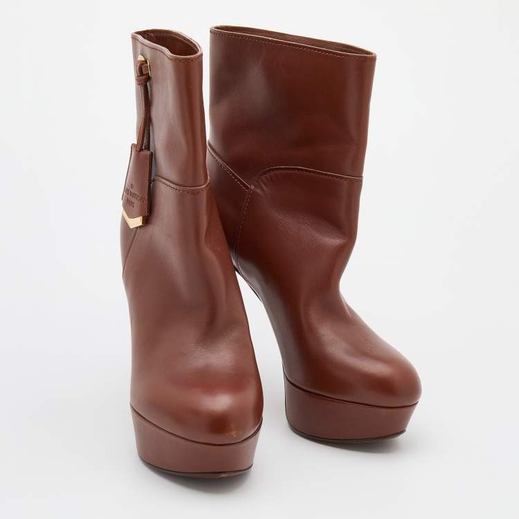 Pre Owned Louis Vuitton Brown Leather Platform Ankle Length Boots Size 38