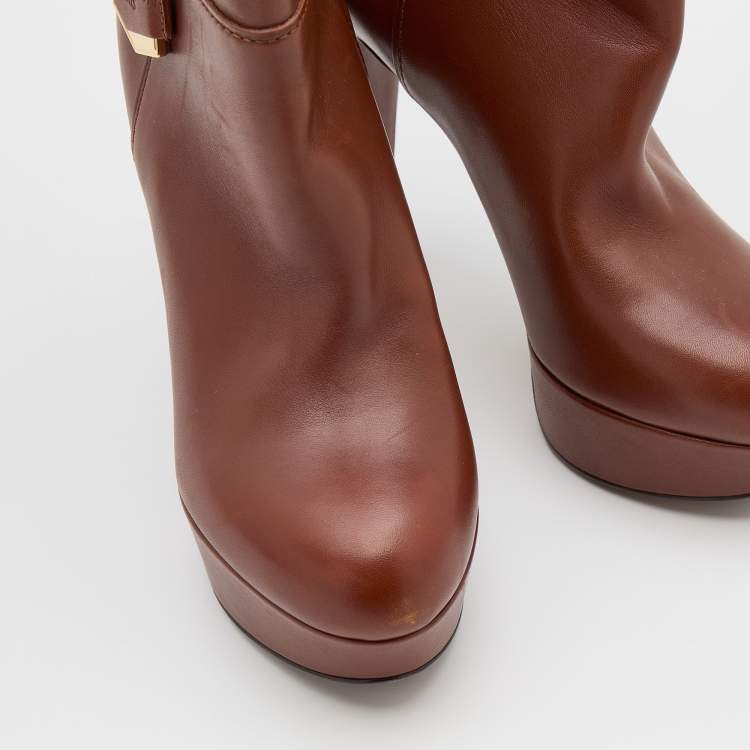 Pre Owned Louis Vuitton Brown Leather Platform Ankle Length Boots Size 38