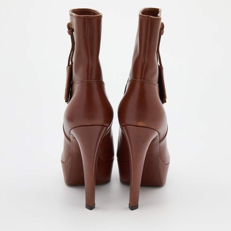 Pre Owned Louis Vuitton Brown Leather Platform Ankle Length Boots Size 38