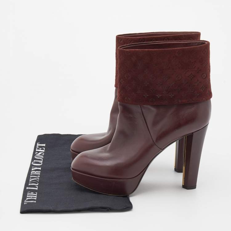 Pre Owned Louis Vuitton Burgundy Monogram Embossed Suede and Leather Platform Ankle Length Boots Size 38