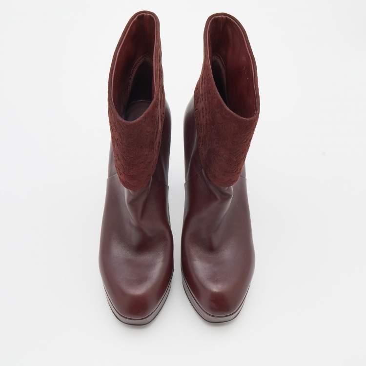 Pre Owned Louis Vuitton Burgundy Monogram Embossed Suede and Leather Platform Ankle Length Boots Size 38