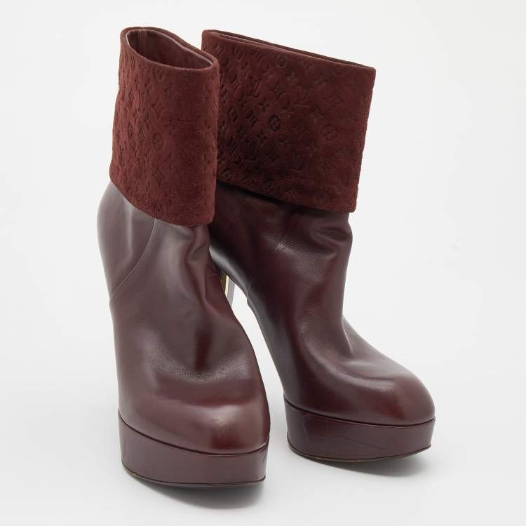 Pre Owned Louis Vuitton Burgundy Monogram Embossed Suede and Leather Platform Ankle Length Boots Size 38