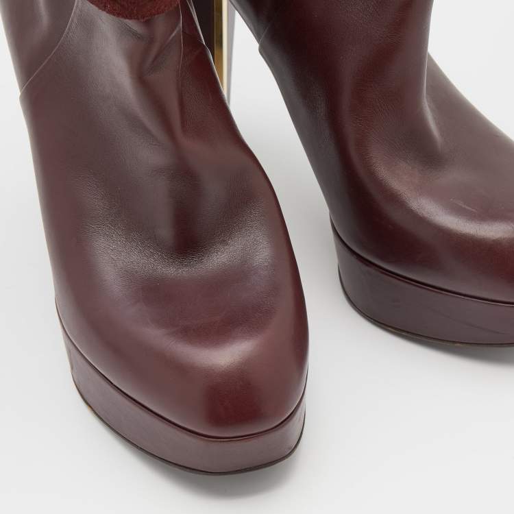 Pre Owned Louis Vuitton Burgundy Monogram Embossed Suede and Leather Platform Ankle Length Boots Size 38