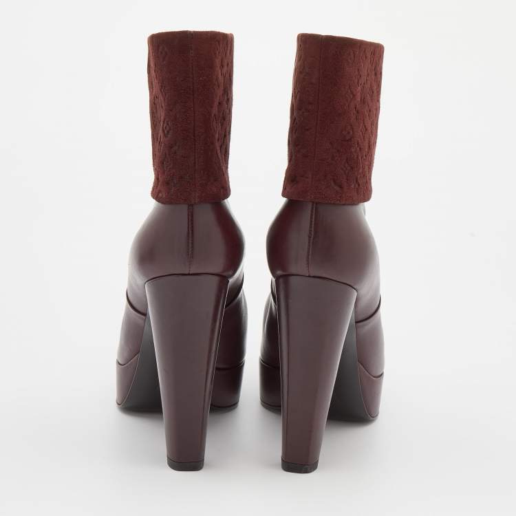 Pre Owned Louis Vuitton Burgundy Monogram Embossed Suede and Leather Platform Ankle Length Boots Size 38
