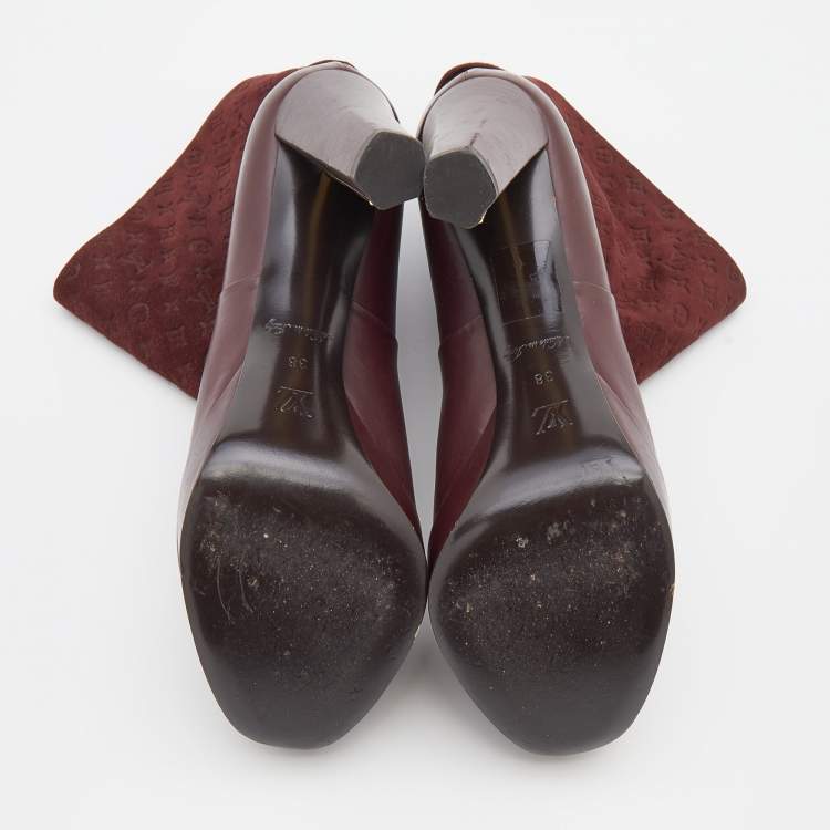 Pre Owned Louis Vuitton Burgundy Monogram Embossed Suede and Leather Platform Ankle Length Boots Size 38