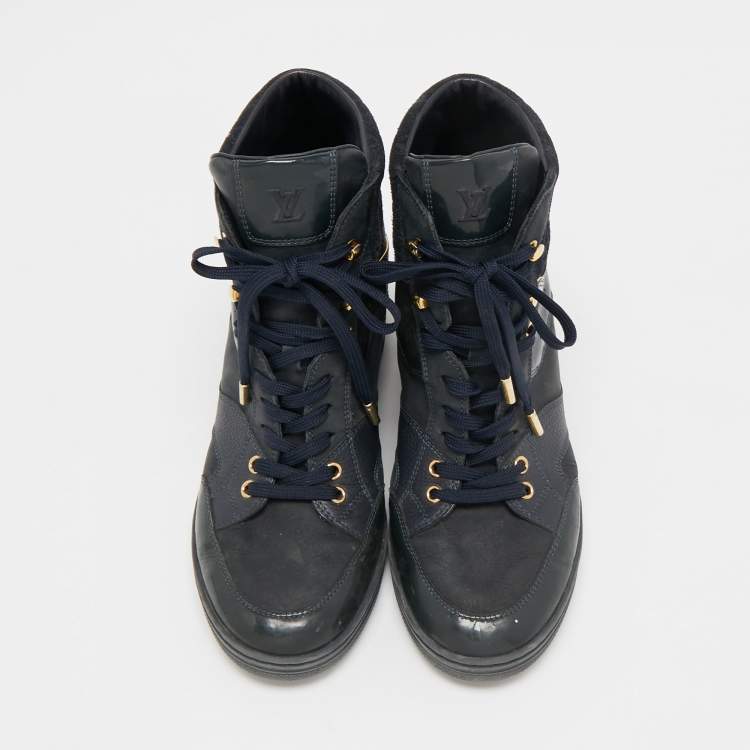 Pre Owned Louis Vuitton Navy Blue Leather and Suede Cliff Sneakers Size 39