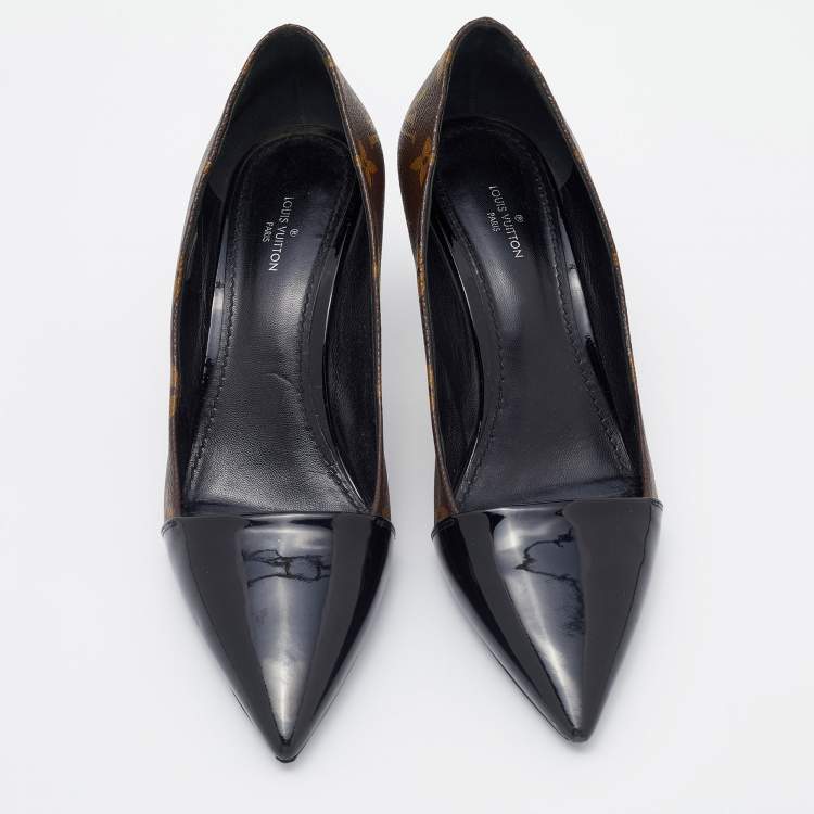 Pre Owned Louis Vuitton Black Monogram Canvas and Patent Leather Pointed Toe Pumps Size 38