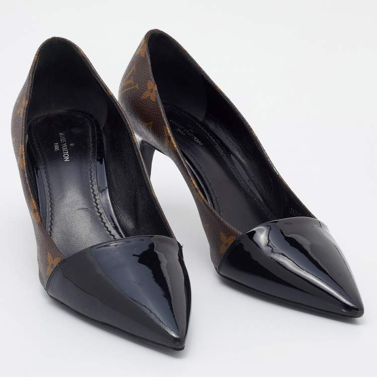 Pre Owned Louis Vuitton Black Monogram Canvas and Patent Leather Pointed Toe Pumps Size 38