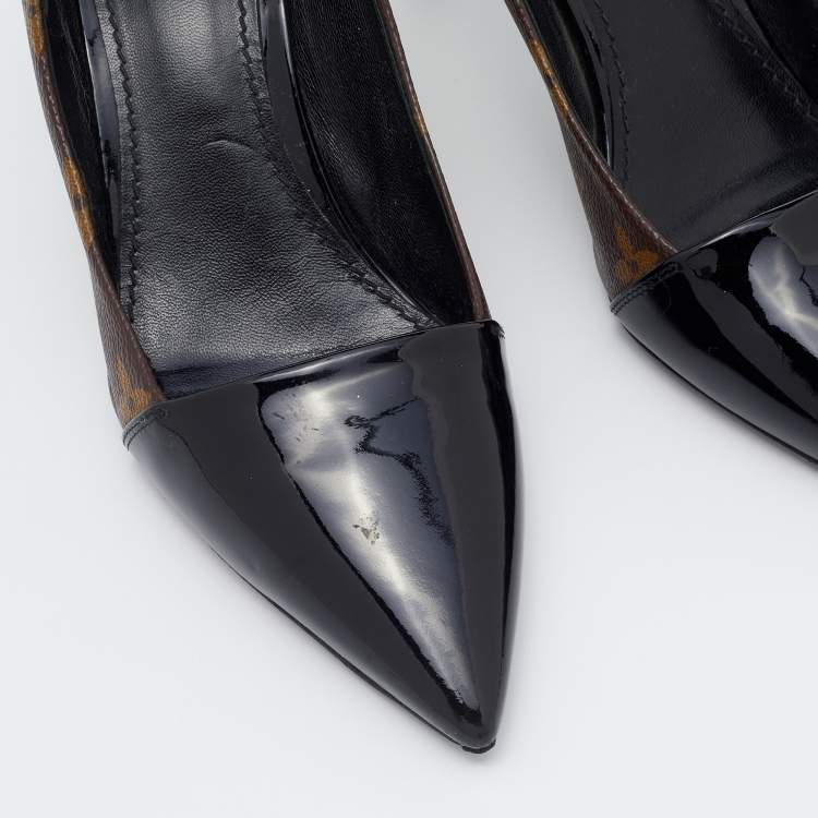Pre Owned Louis Vuitton Black Monogram Canvas and Patent Leather Pointed Toe Pumps Size 38