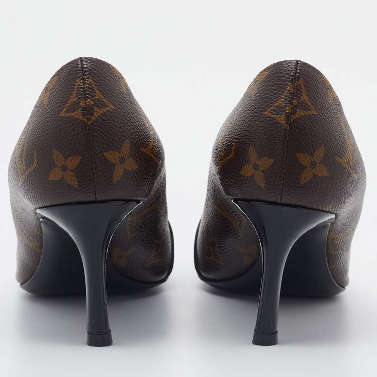 Pre Owned Louis Vuitton Black Monogram Canvas and Patent Leather Pointed Toe Pumps Size 38