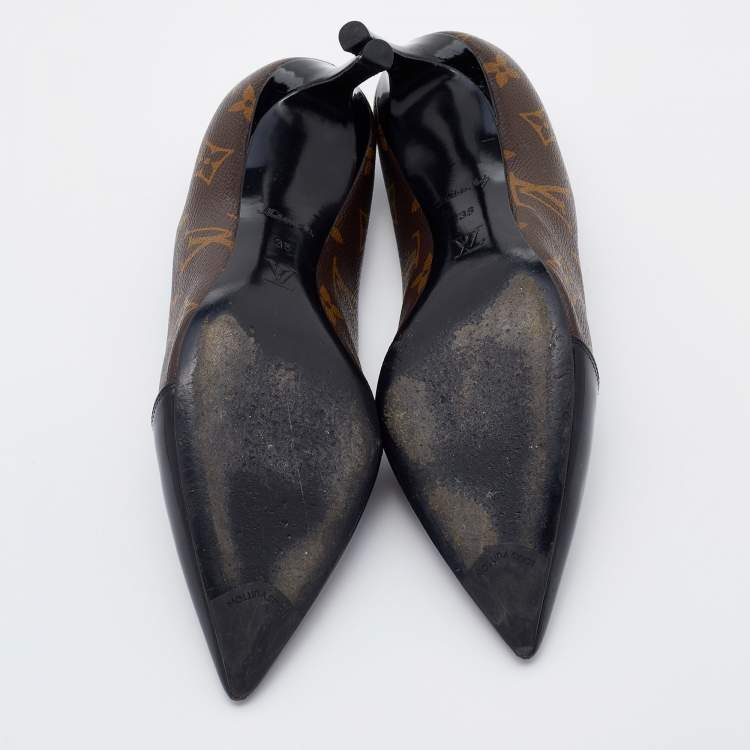 Pre Owned Louis Vuitton Black Monogram Canvas and Patent Leather Pointed Toe Pumps Size 38