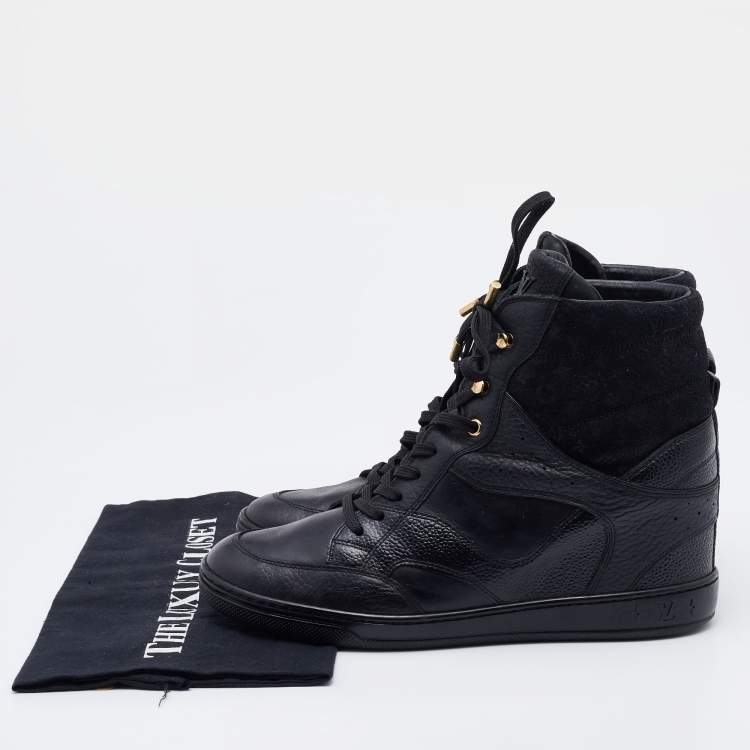 Pre Owned Louis Vuitton Black Monogram Embossed Suede and Leather Cliff Wedge Sneakers Size 41