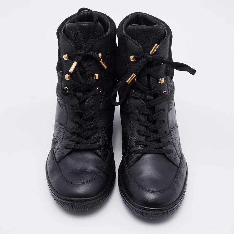 Pre Owned Louis Vuitton Black Monogram Embossed Suede and Leather Cliff Wedge Sneakers Size 41