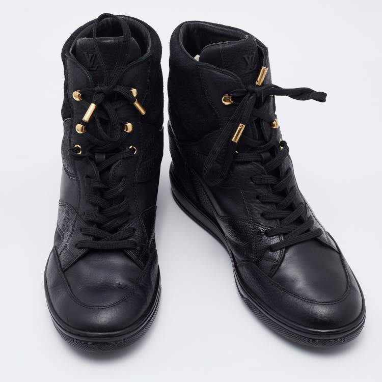 Pre Owned Louis Vuitton Black Monogram Embossed Suede and Leather Cliff Wedge Sneakers Size 41