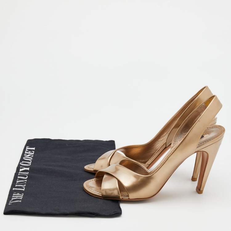 Pre Owned Louis Vuitton Metallic Bronze Leather Criss Cross Slingback Sandals Size 38.5